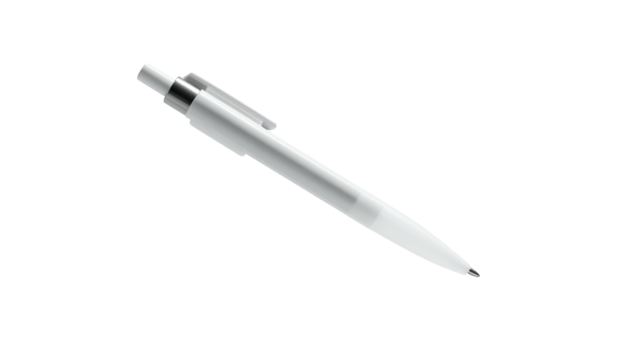 Angled, white pen with silver clip and tip against a black background