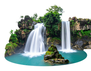 Lush waterfall cascading into a turquoise pool, surrounded by greenery and rocks