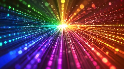 Obraz premium Light diffraction grid laser interference patterns creating brilliant rainbow spectrum burst radiating from central bright source with colorful wavelengths