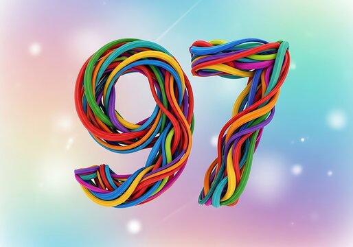 Bright number 97 made of interwoven multicolored strands, with soft bokeh background