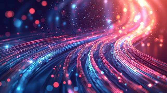 Coherent beam interference creates spectacular laser light patterns with flowing multicolored waves and brilliant particle effects in abstract digital space