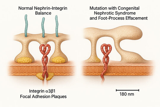 Illustrative comparison of normal nephrin-integrin balance and the effect of mutation leading to congenital nephrotic syndrome and foot-process effacement, with integrin alpha3beta1 focal adhesion pla