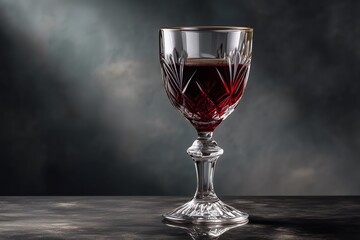 Sparkling Wine Glass: A meticulously crafted wine glass, filled with a deep red liquid, stands elegantly, captured in a stunning artistic display