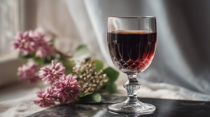 Elegant Glass of Red Wine: Capturing the perfect moment, a delicate glass of rich red wine sits gracefully beside a bouquet of lilac flowers, creating a scene of understated elegance, bathed in soft.