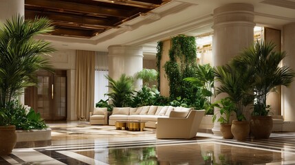 Elegant Interior: Experience the opulent ambiance of a luxurious interior, adorned with verdant plants, reflecting the light in a grand setting of sophistication and refinement.