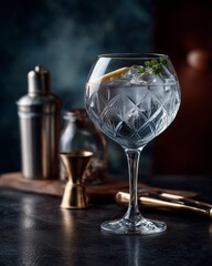 Elegant Cocktail Composition: A beautifully composed image presents a crystal-clear glass of refreshing cocktail, garnished with a lemon twist, surrounded by professional bartending equipment.