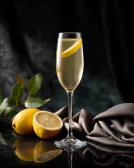Sparkling Cocktail: A tall flute glass is filled with a refreshing golden drink, adorned with a twist of vibrant yellow lemon, placed on a dark, reflective surface with a few fresh lemons.