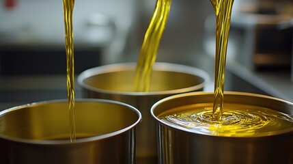 Avocado oil drip multiple streams pouring into metal bowls golden liquid ribbons kitchen food preparation culinary cooking professional
