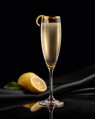 Sparkling Cocktail Elegance: A sophisticated champagne cocktail, garnished with a delicate lemon twist, stands gracefully on a polished surface, accompanied by a sliced lemon.