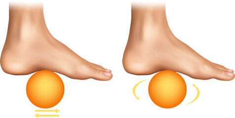 Realistic medical illustration showing foot massage exercises with a ball. The image demonstrates two techniques for plantar fasciitis relief and arch stretching
