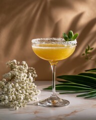 Tropical Cocktail Delight: A sun-kissed cocktail garnished with a sprig of fresh green herbs, its golden hue mirrored by the warm light.