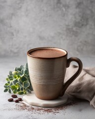 Warm Cocoa Bliss: A steaming mug of rich, dark cocoa offers a moment of comfort, complemented by a sprig of greenery and coffee beans on a rustic surface.