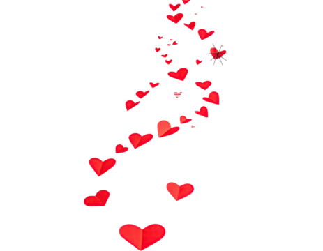 Red hearts cascade downward on black background