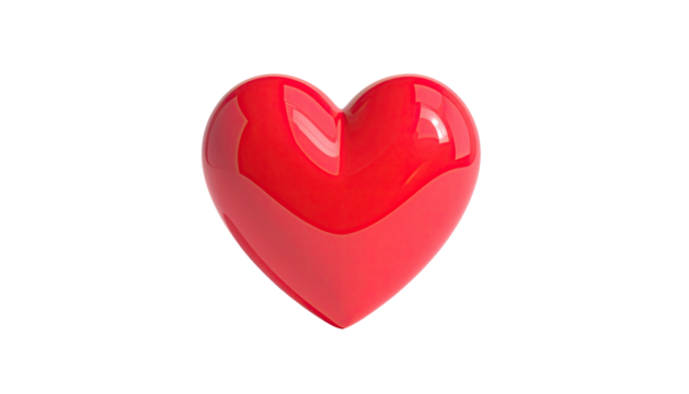 Shiny, three-dimensional red heart shape floating against a deep black background