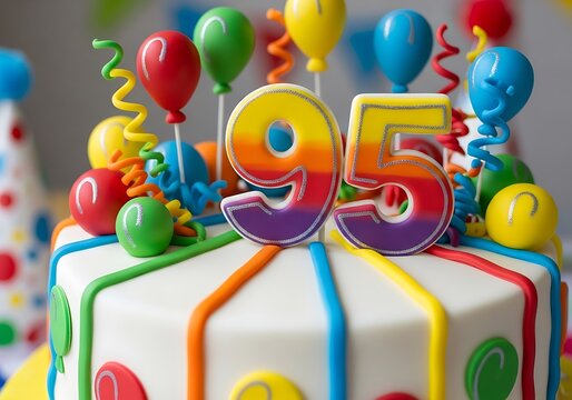 White birthday cake adorned with colorful ribbons, balloons, and a rainbow-colored number 95