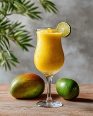 Mango Magic: A vibrant, icy mango smoothie is presented in an elegant glass, adorned with a lime wedge, alongside two ripe mangoes, set against a neutral backdrop.