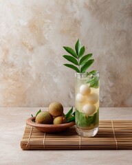 Exotic Summer Refreshment: A refreshing glass of beverage, infused with the essence of tropical longan fruits, complemented by delicate mint leaves and presented on a natural bamboo mat.