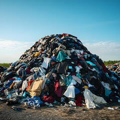 Massive pile of discarded clothing and textiles in an outdoor landfill