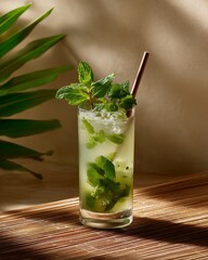 Mojito with mint and ice: A refreshing mojito garnished with fresh mint sprigs, a sustainable straw, and glistening ice, evoking the essence of summer and tropical vibes.