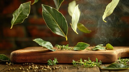 Bay leaf drop multiple leaves cascading motion rustic wooden board herbs spices kitchen culinary dynamics ingredient movement professional lighting