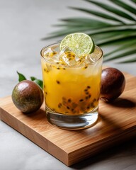 Passion Fruit Paradise: A vibrant cocktail, featuring the exotic allure of passion fruit and refreshing lime, rests invitingly on a wooden serving board.