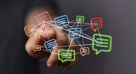 An artistic rendering of a digital communication network, showcasing interconnected speech bubbles representing data exchange and online convers
