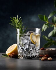 Elegant Cocktail Still Life: A captivating still life presents a refreshing cocktail, elegantly garnished with a sprig of rosemary and a slice of lemon. alongside a collection of nuts.