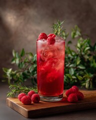 Raspberry Elixir: A visually stunning, refreshing raspberry cocktail, the epitome of culinary delight. Garnished with fresh raspberries and sprigs of rosemary.