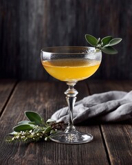 Golden Elixir: A close-up shot of an inviting cocktail garnished with fresh greenery. The drink's warm hue and crystal-clear glass exude elegance on a textured dark surface.