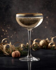 Sparkling Toast: An exquisite glass of champagne, brimming with effervescent bubbles, is captured in a close-up shot, accentuated by a luxurious gold rim and festive decorations.