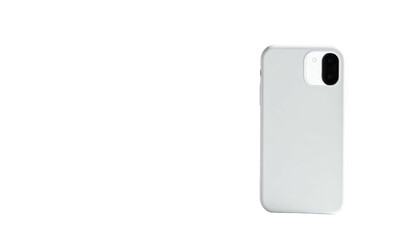 A grey smartphone with a camera sits on black. Back view, minimalist design
