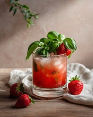 Strawberry Basil Cocktail: A vibrant strawberry basil cocktail, artfully presented with fresh strawberries and basil, offering a sensory delight of flavors and textures. 