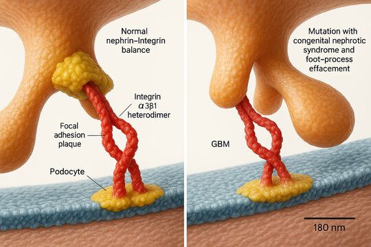 Microscopic illustration of normal podocyte function versus congenital nephrotic syndrome with foot-process effacement, highlighting integrin and nephrin interactions.
