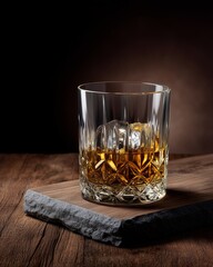 Golden Elixir: A sophisticated glass of amber liquid, adorned with ice cubes, rests gracefully on a weathered wooden surface, with a subtle napkin.