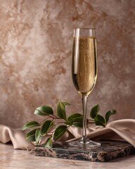 Celebration Champagne: A crystal champagne flute elegantly stands with sparkling liquid against the blurred background, creating a captivating moment for celebration and refined taste.