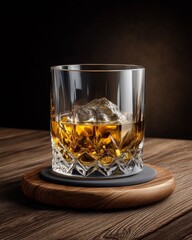 Whiskey Glass with Ice: A captivating close-up of a whiskey glass featuring a perfectly formed ice cube gracefully resting in the golden amber liquid, placed on a wooden surface. 