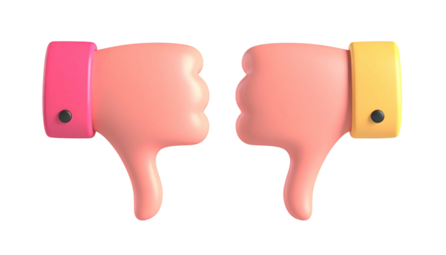 Two cartoonish hands displaying thumbs down with colored cuffs, black background