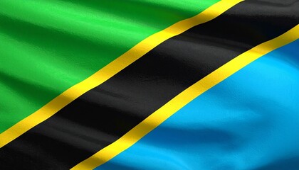Tanzania flag with diagonal black band bordered in yellow, green upper triangle, blue lower triangle, symbolizing land, people, water, and minerals.