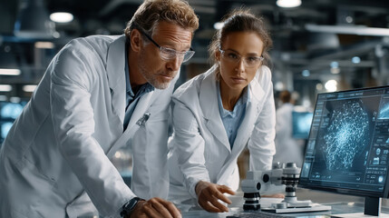 Scientists in modern AI laboratory analyzing data on computer screen with advanced microscopy equipment