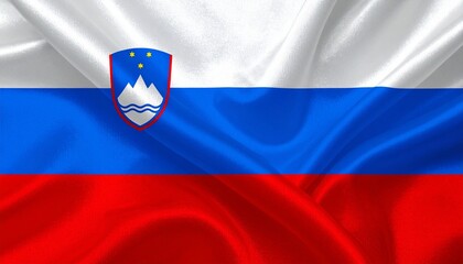 Slovenia flag with white, blue, red stripes and coat of arms featuring Mount Triglav, rivers, and golden stars.