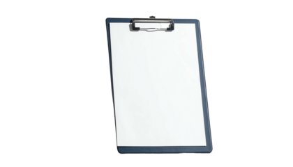 Angled view of a navy blue clipboard with a blank white paper sheet