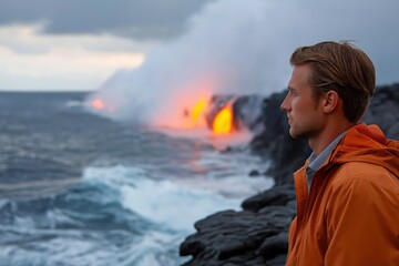 Obraz premium Caucasian male adult observing volcanic eruption by the ocean