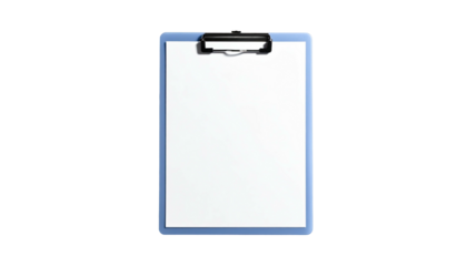 A light blue clipboard with a blank white page against a black background