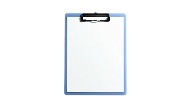 A light blue clipboard with a blank white page against a black background