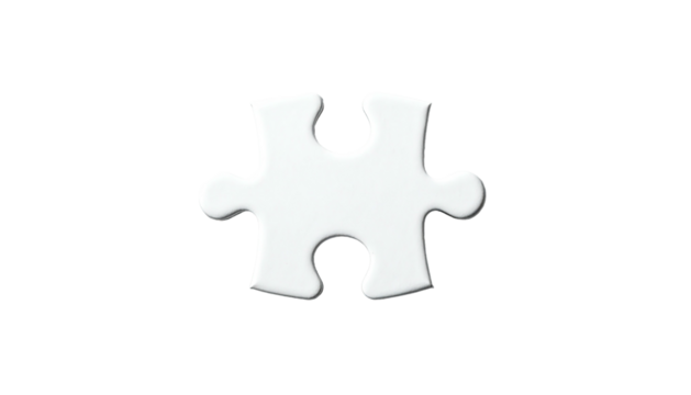 Isolated white puzzle piece, 3D render with shadow, centered on black backdrop