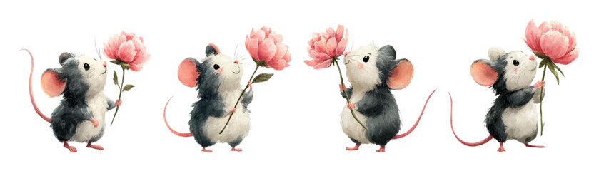Watercolor cute mice holding a peony flower. Cute illustration of baby mice with flowers. Watercolor cartoon characters for children's designs.  © Narin