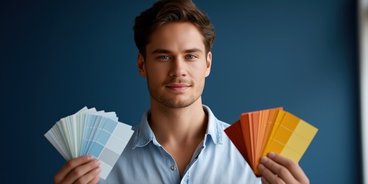 Young caucasian male displaying color swatches against blue background