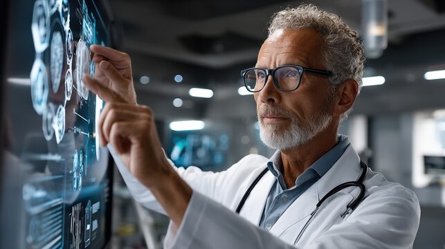Elderly male scientist examining digital display in high-tech research laboratory with focused expression