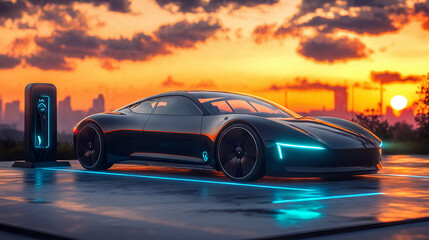 Futuristic electric sports car at sunset with charging station in scenic urban setting