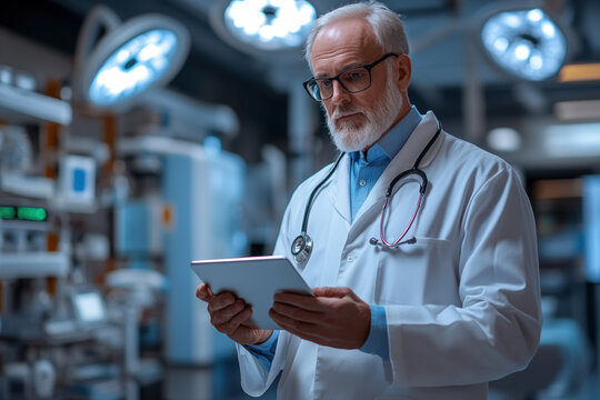 Elderly male doctor using digital tablet in modern hospital, aged bearded professional man stands against advanced medical equipment.